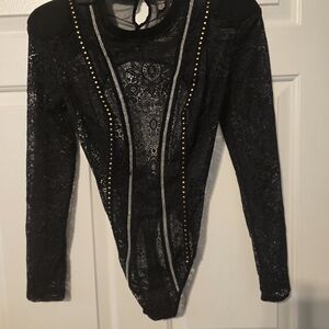 Victoria's Secret Black Lace Long-Sleeve Studded Bodysuit with Metallic Trim